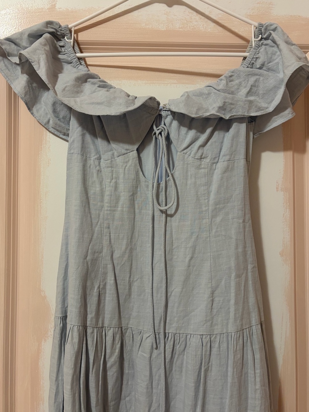 SABO SKIRT Light Blue Cotton Ruffle Off Shoulder Midi Dress Small - Picture 3 of 7